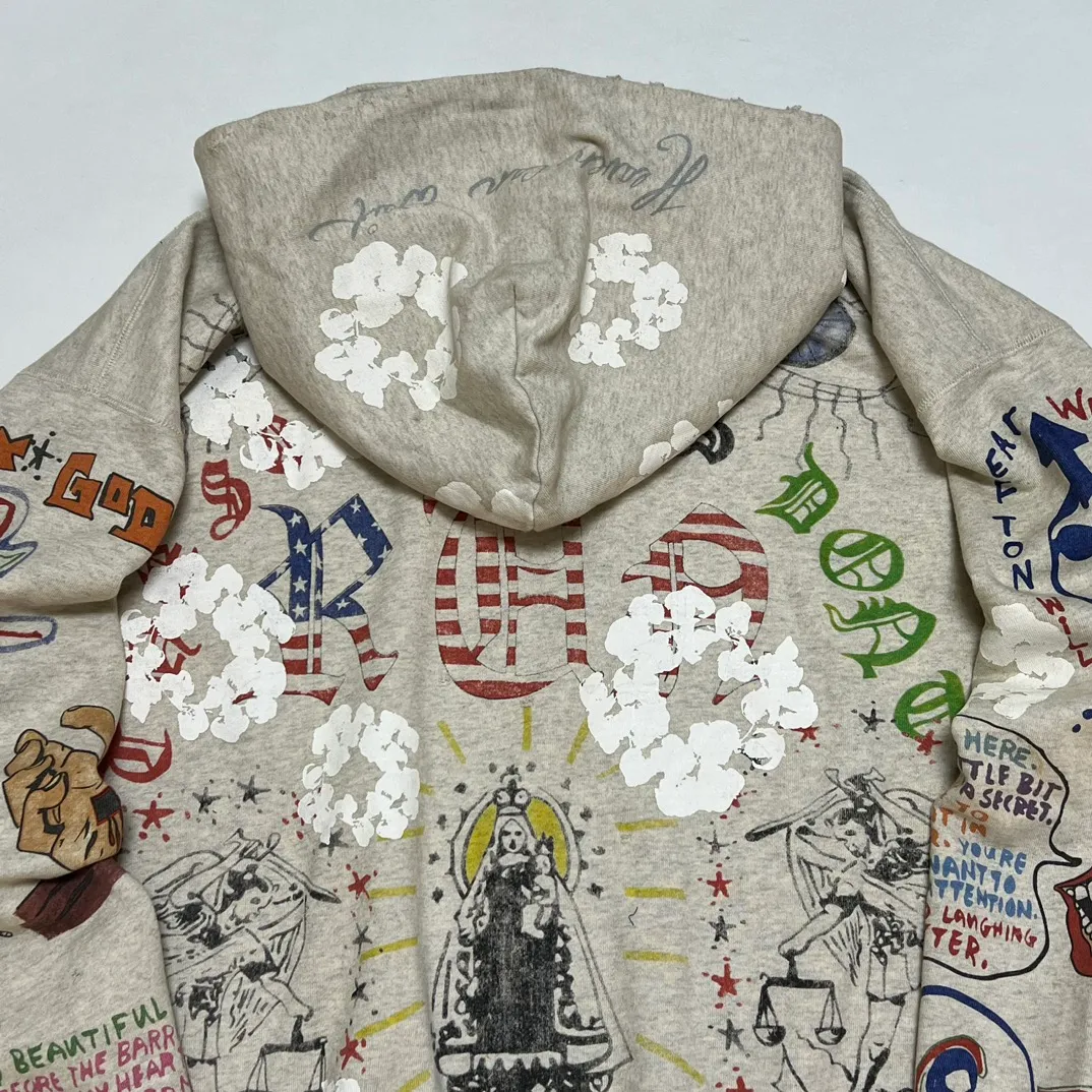 DENIM TEARS × ©SAINT M×××××× "SAINT TEARS" Graffiti Hoodie Joint Model Cotton Graffiti Hoodie Fully Printed Washed Distressed Holes Vintage Sweatshirt Gray S-XL Super Heavy Duty! The whole piece is printed with 35 screens and counterpoint printing!
